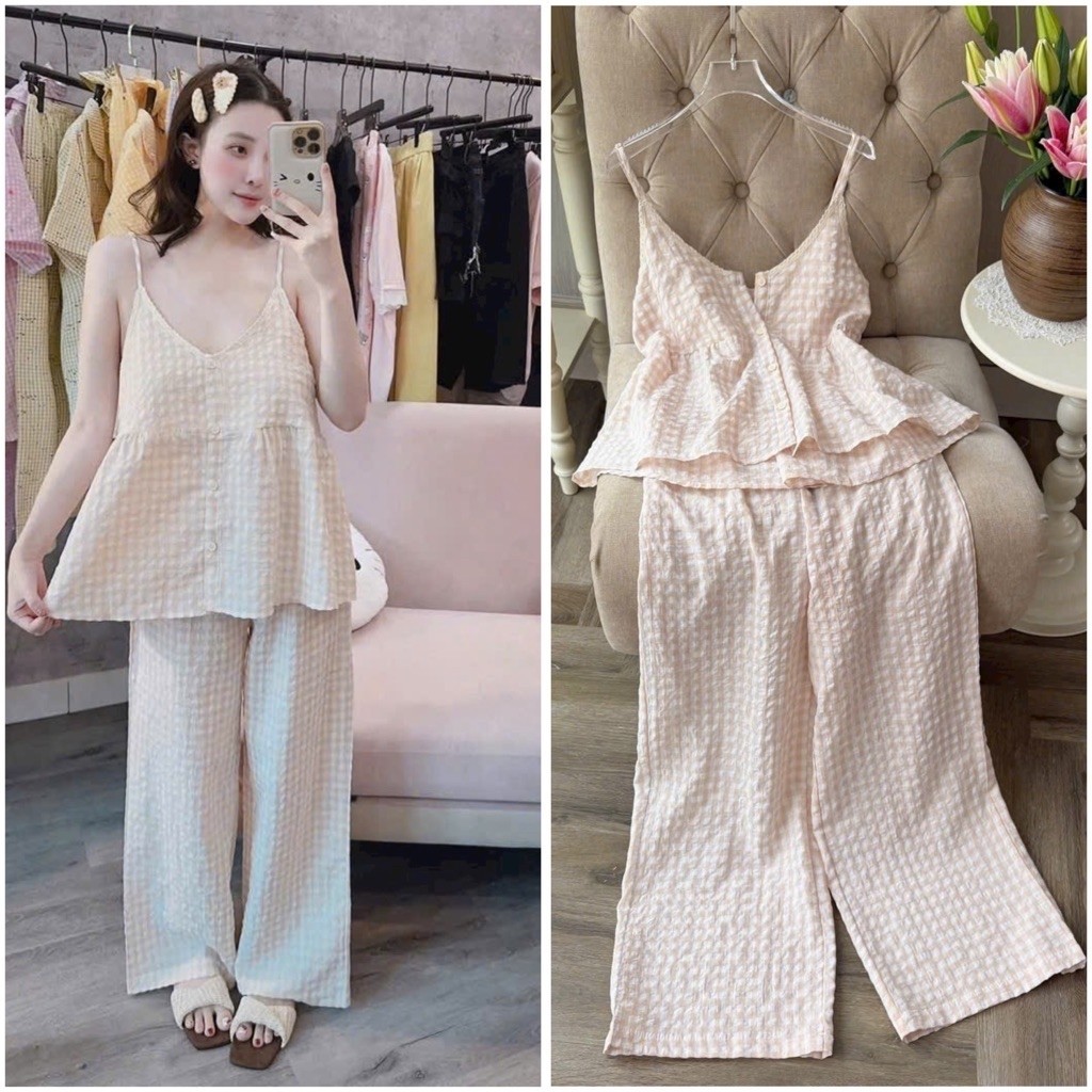 Bộ đồ ngủ mặc nhà 2 dây quần dài bánh bèo vải thô Quảng Châu cao cấp