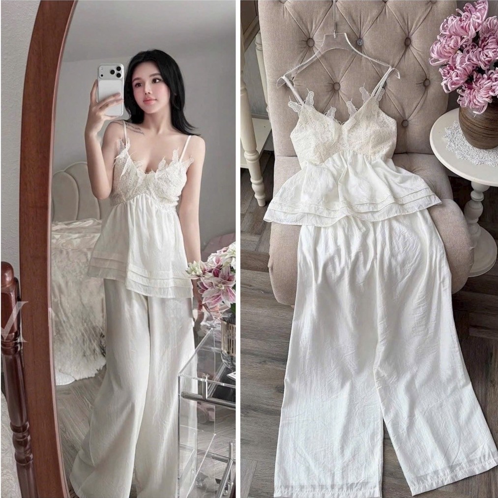 Bộ đồ ngủ mặc nhà 2 dây quần dài bánh bèo vải thô ngực đan ren Quảng Châu cao cấp