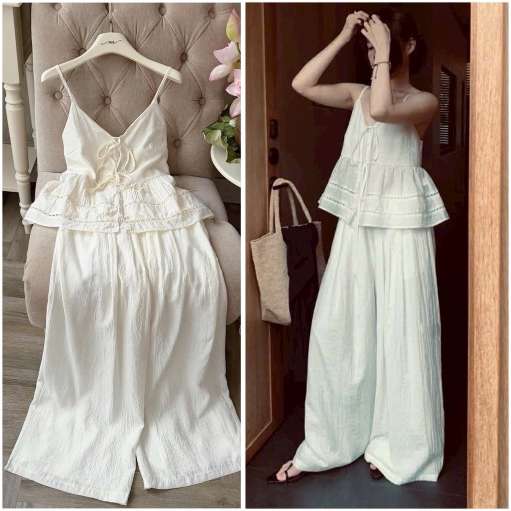 Bộ đồ ngủ mặc nhà 2 dây quần dài bánh bèo vải thô Quảng Châu Cao Cấp