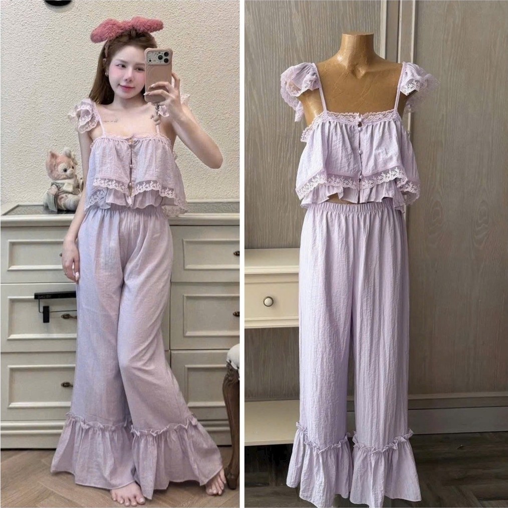 Bộ đồ ngủ mặc nhà 2 dây quần dài bánh bèo vải thô cánh tiên Quảng Châu cao cấp