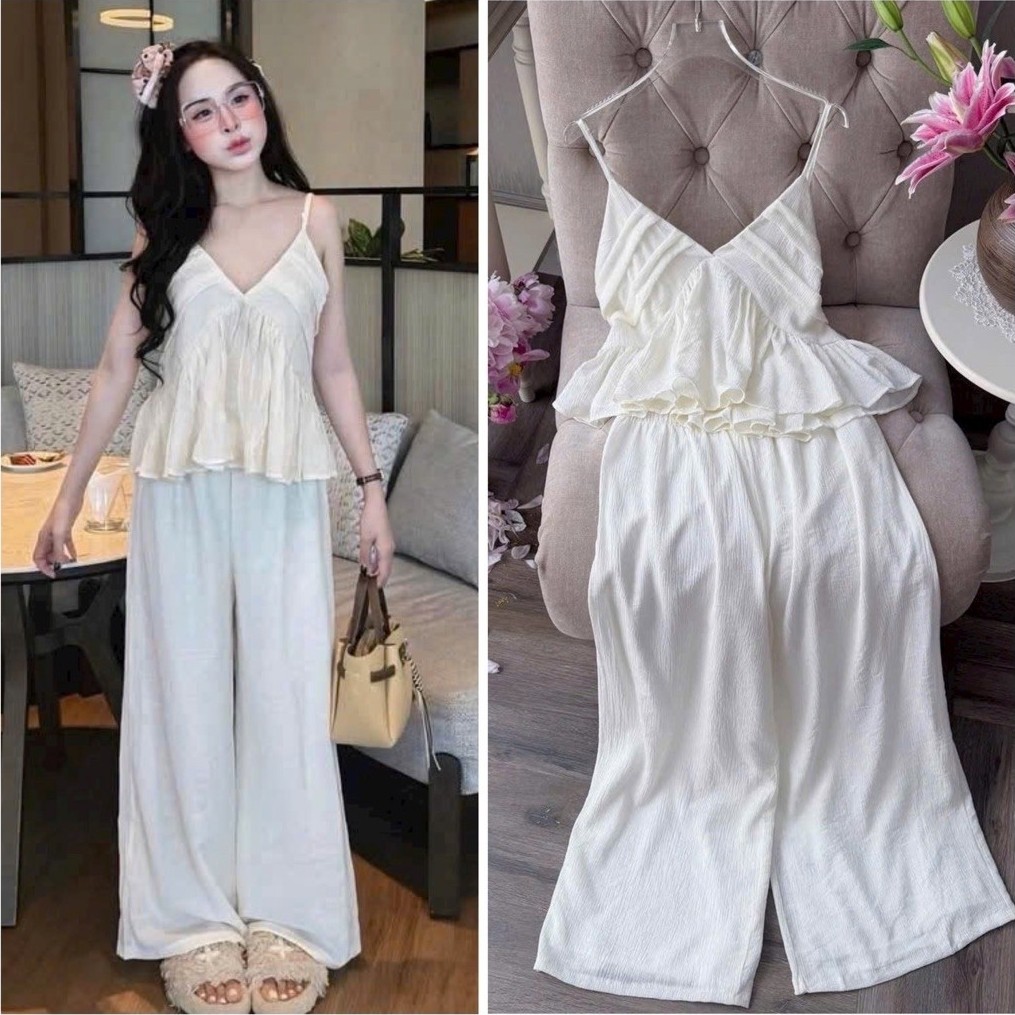 Bộ đồ ngủ mặc nhà 2 dây quần dài bánh bèo vải thô mềm mát Quảng Châu cao
