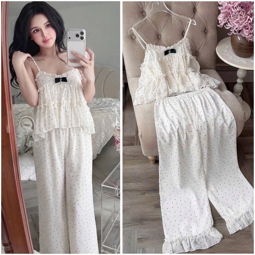 Bộ đồ ngủ mặc nhà 2 dây quần dài bánh bèo bi trắng tầng Quảng Châu Cao Cấp