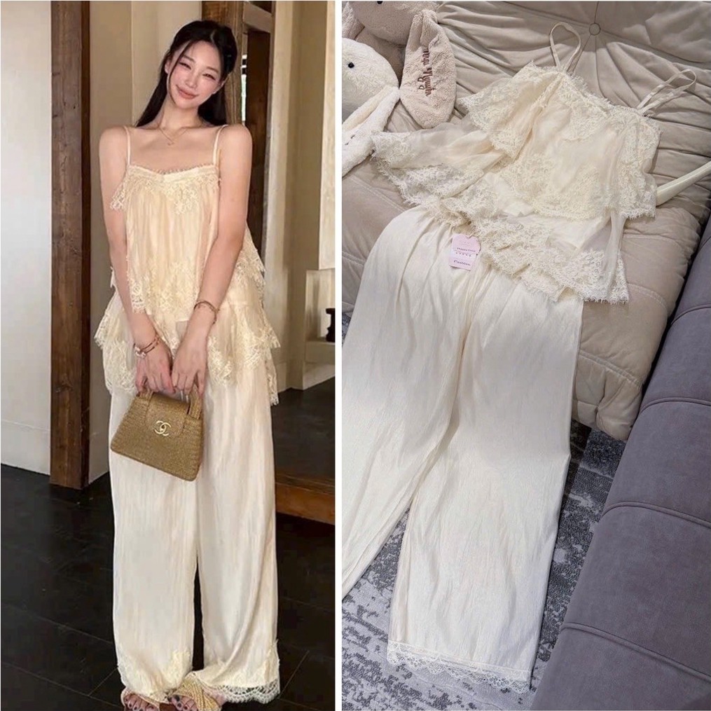 Bộ đồ ngủ người lớn  2 dây tay ngắn quần dài bánh bèo ren tầng Quảng Châu Cao Cấp vàng