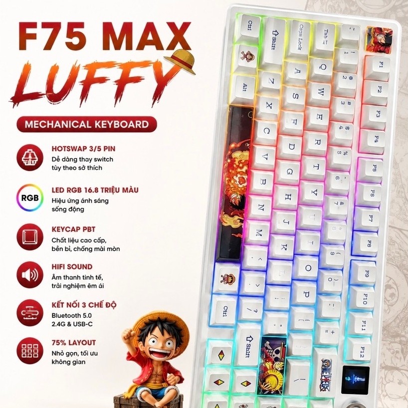 [Hoả tốc] Bàn phím cơ F75 full phím mạch xuôi LED RGB 3 mode kết nối hotswap 5 pin bàn phím Aula F75