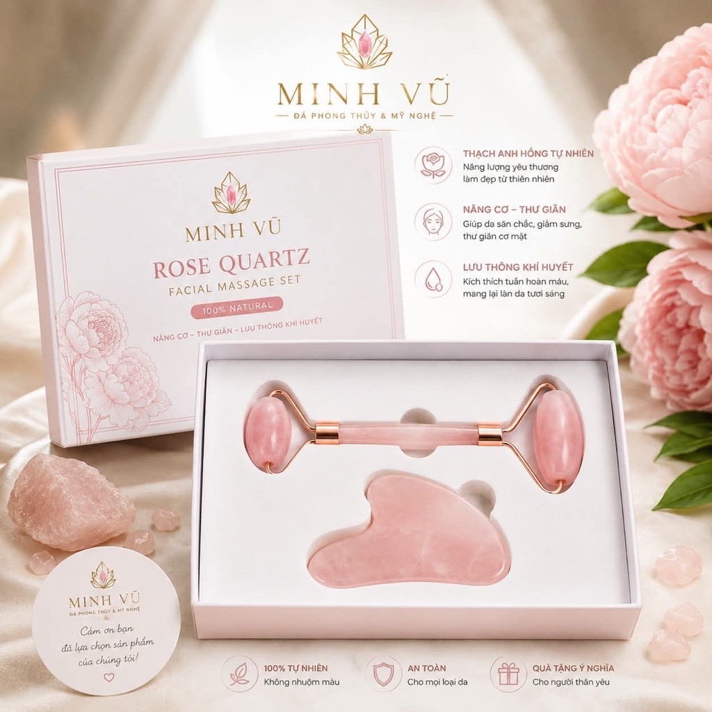 Nguyên bộ đá Gusa và thanh lăn chuẩn đá thạch anh tự nhiên (chăm sóc da nâng cơ mặt ,giảm bỏng mắt …