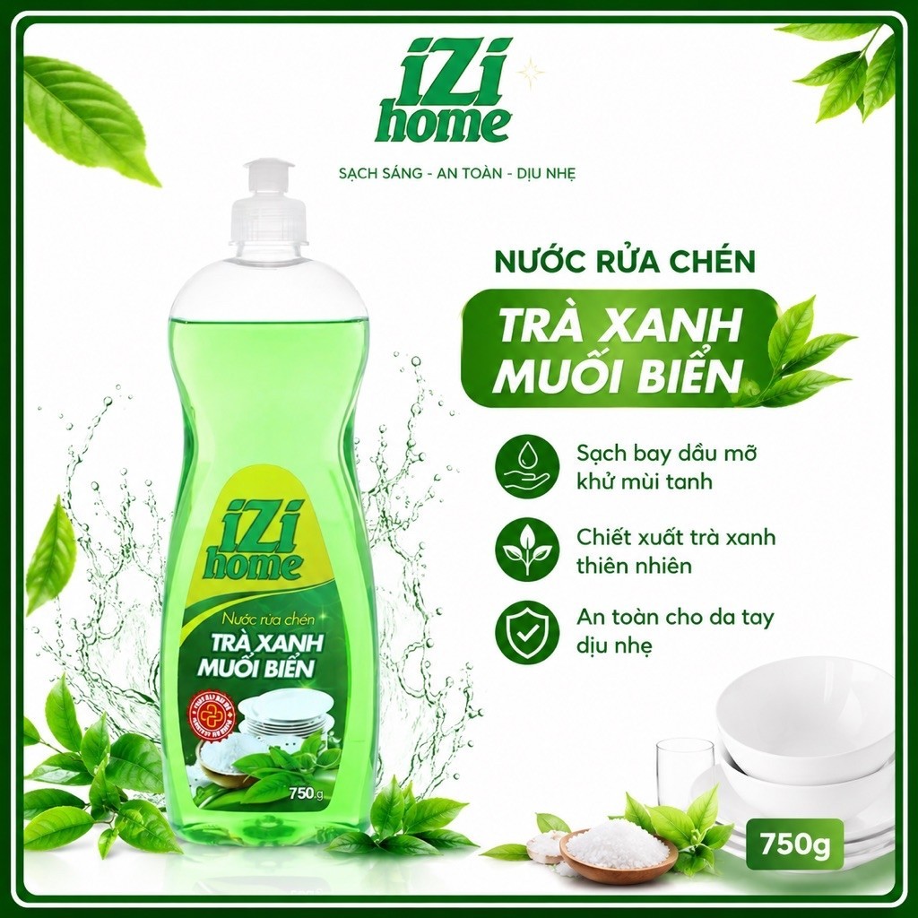 Nước rửa chén IZI HOME trà xanh muối biển chai 735ml