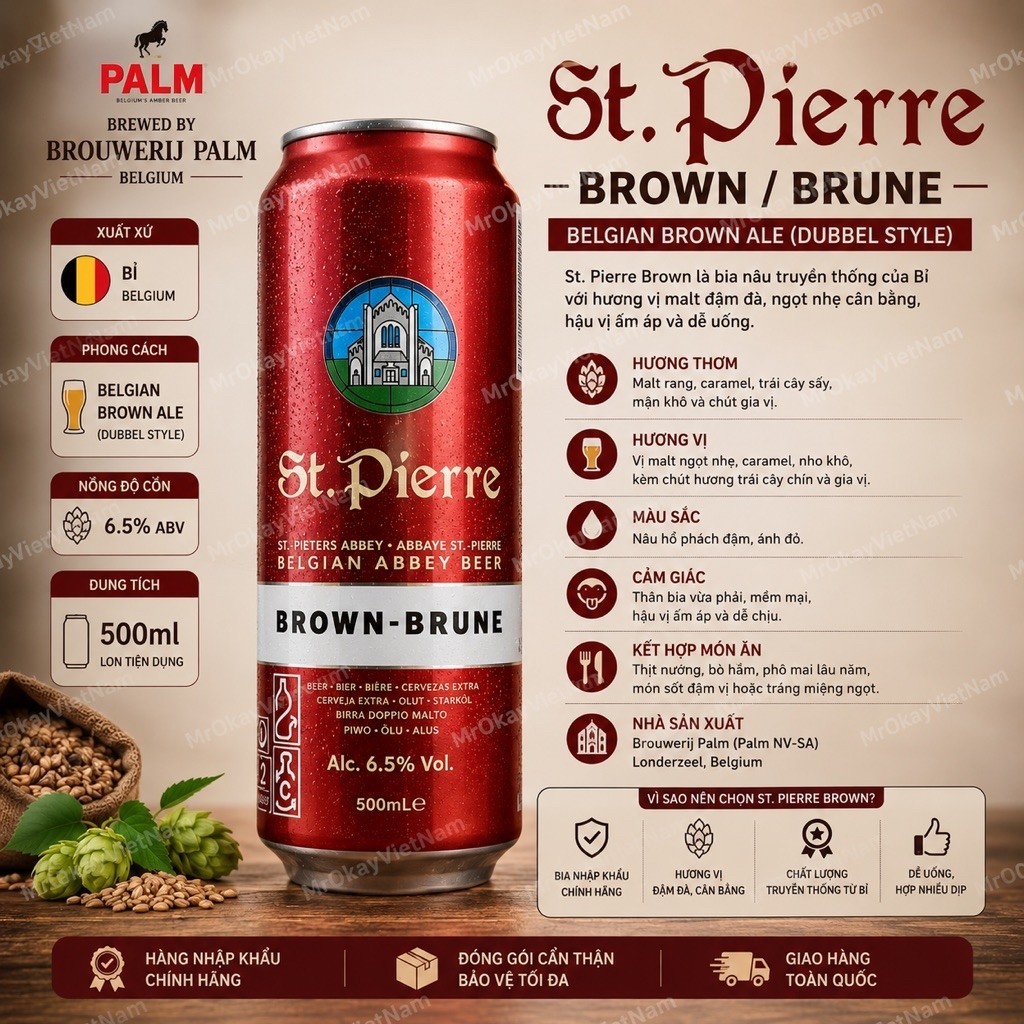 Bia St.Pierre Brown Brune Bỉ 6.5% Lon 500ml, Belgian Abbey Beer Nhập Khẩu