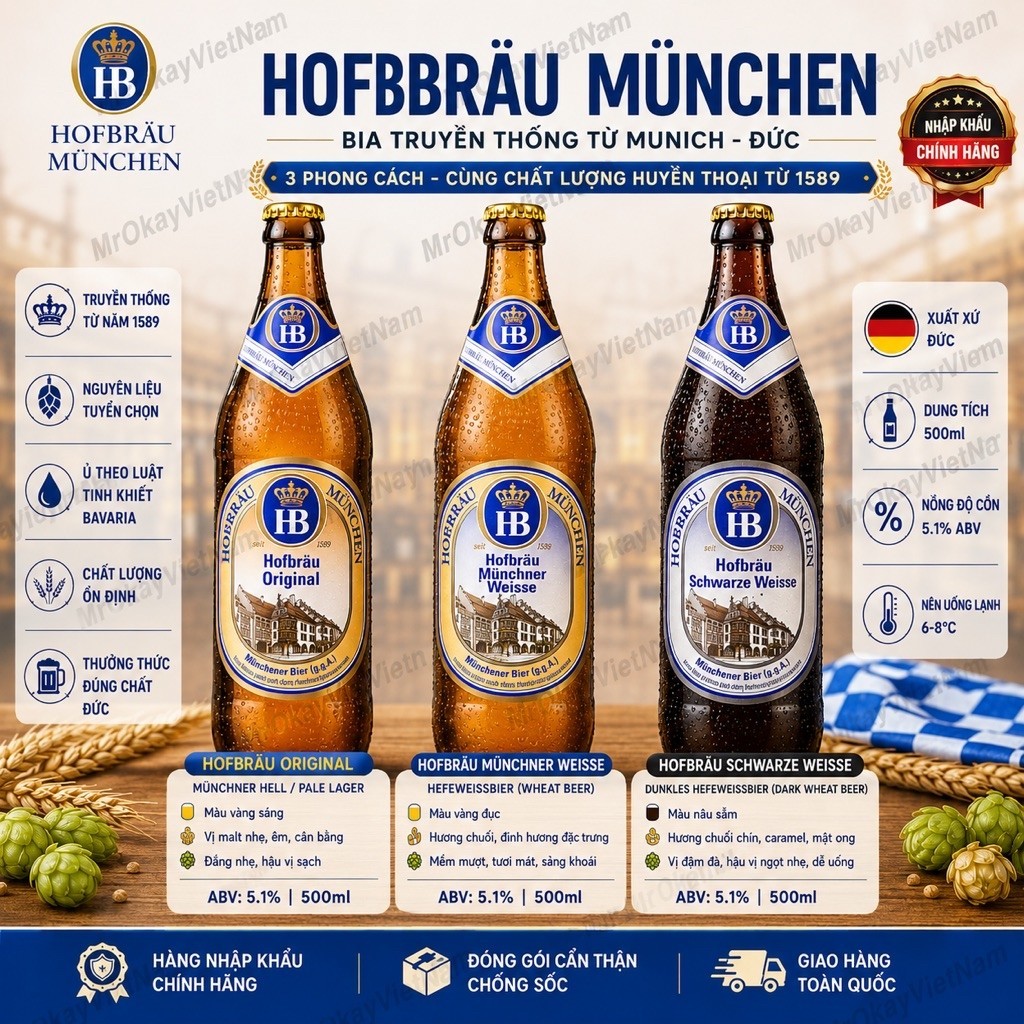 Bia Hofbräu München Đức 500ml – 3 vị Original, Münchner Weisse, Schwarze Weisse – Bia Đức nhập khẩu