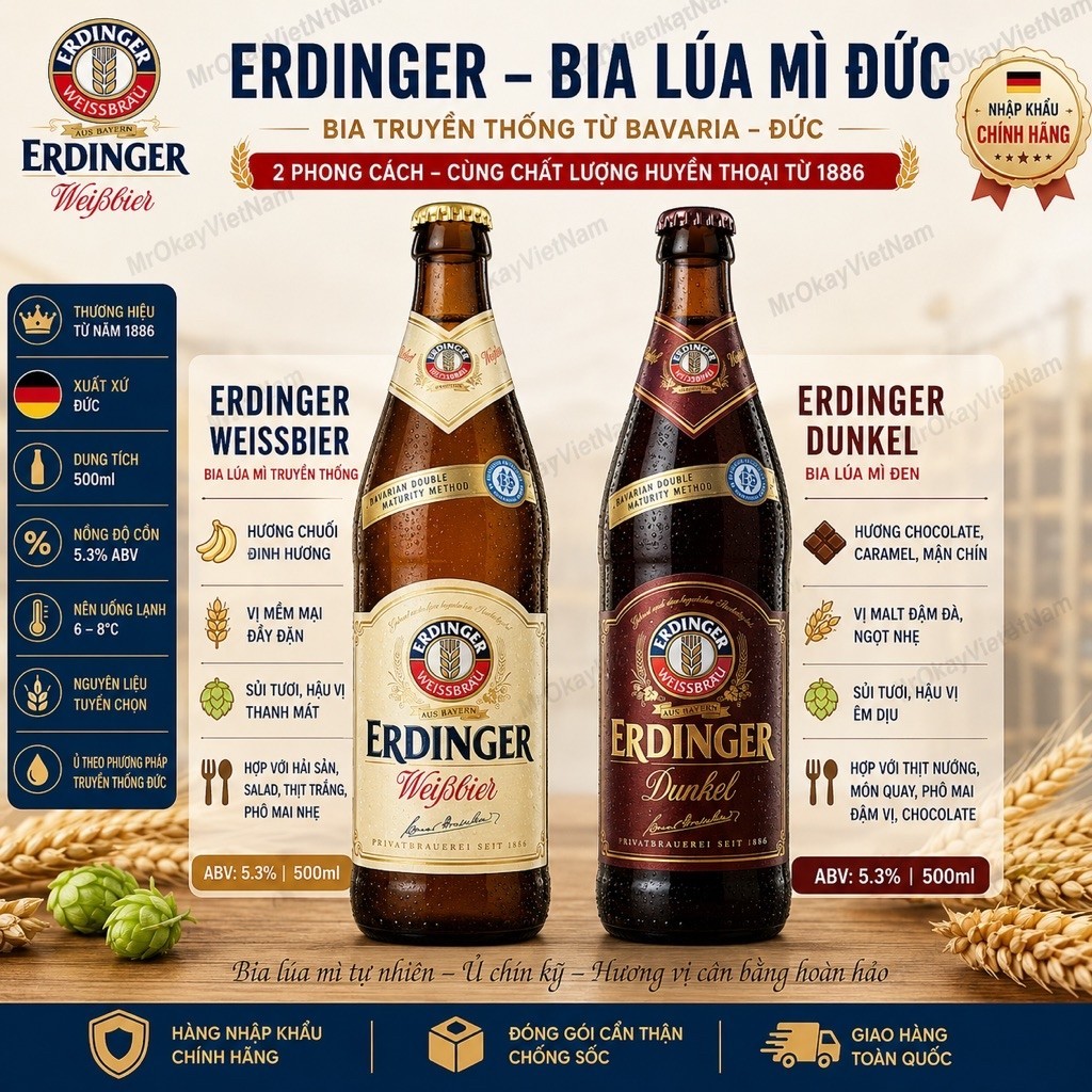Bia Erdinger Đức 500ml – Weissbier Bia Lúa Mì / Dunkel Bia Lúa Mì Đen – Nhập Khẩu Đức