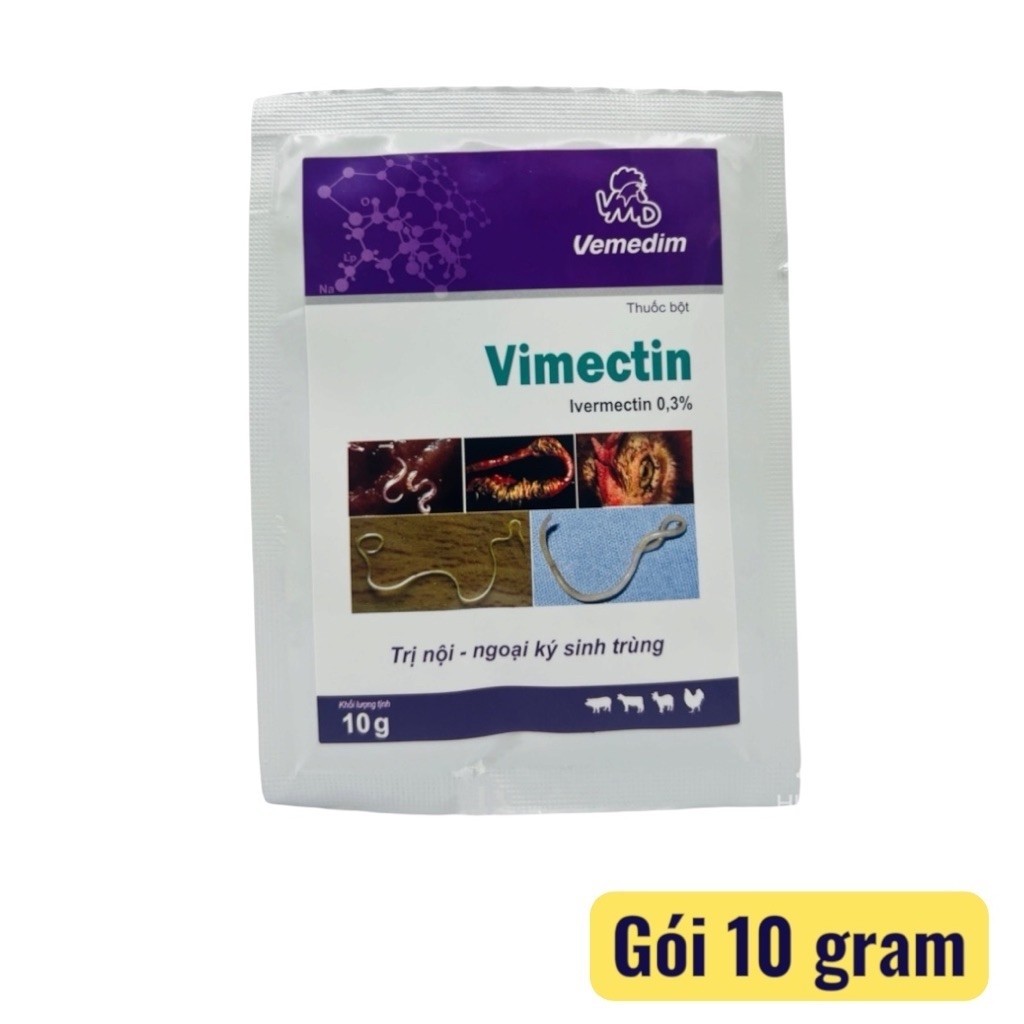 Gói Vimectin 10g diệt nội ngoại ký sinh ve rận, bọ chét, mạt gà, giun lãi cho vật nuôi, ghẻ thỏ, heo