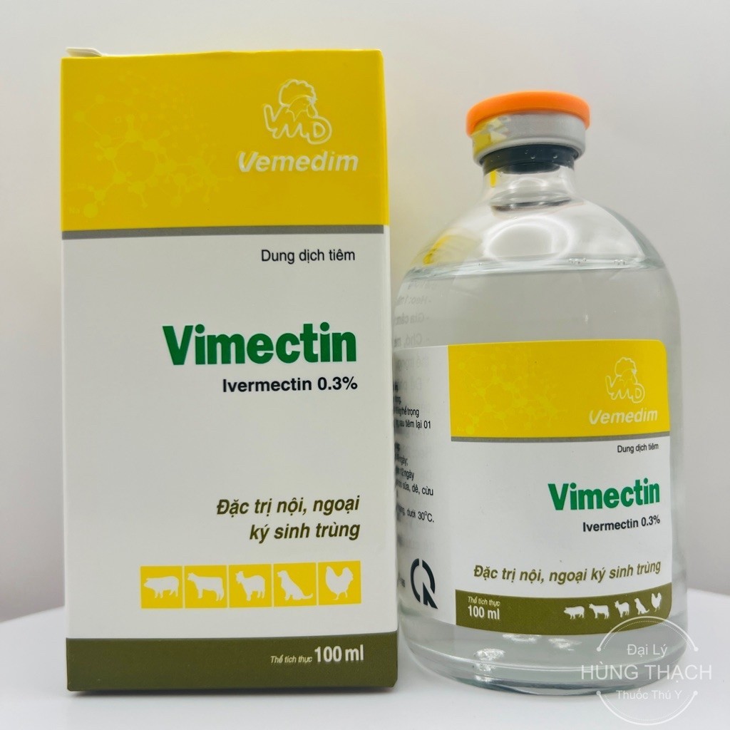 Vimectin 0,3% VMD 100ml diệt nội ngoại kí sinh, ve rận, bọ chét, giun lãi chó mèo, thỏ, heo