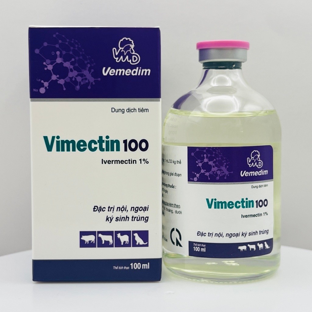 VIMECTIN 100 (chai 100ml) nội ngoại ký sinh trùng, ve, rận, bọ chét, ghẻ, giun gia súc, heo, bò, dê