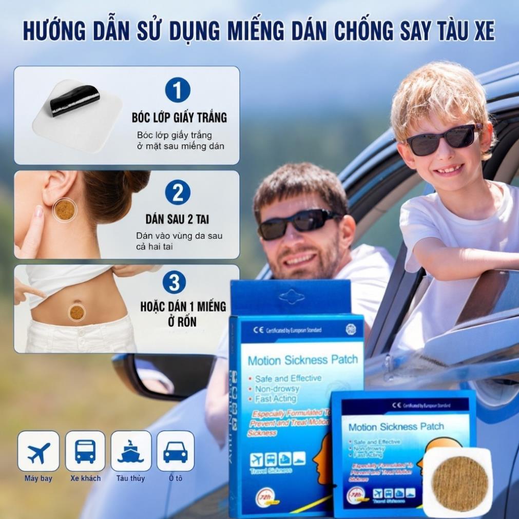 Miếng Dán Chống Say Xe Motion Sickness Patch Hộp 10 Miếng – Giảm Buồn Nôn, Chóng Mặt, An Toàn