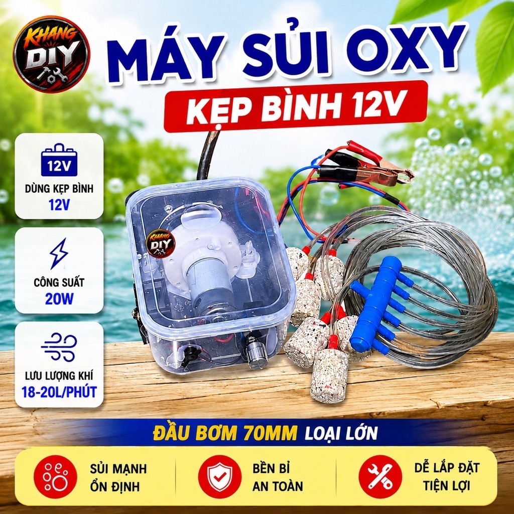 Bộ Bơm Sủi Oxy Cho Tôm, Cá Sử Dụng Kẹp Bình acqui 12v