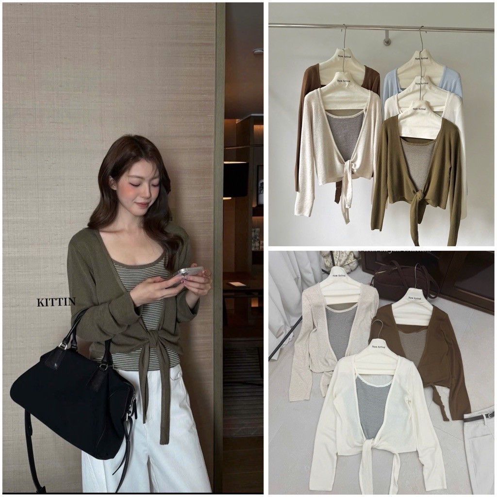 (IG260) Sét ao len kẻ hai dây + áo cardigan buộc dây xinhh hàng new chuẩn Qcl1