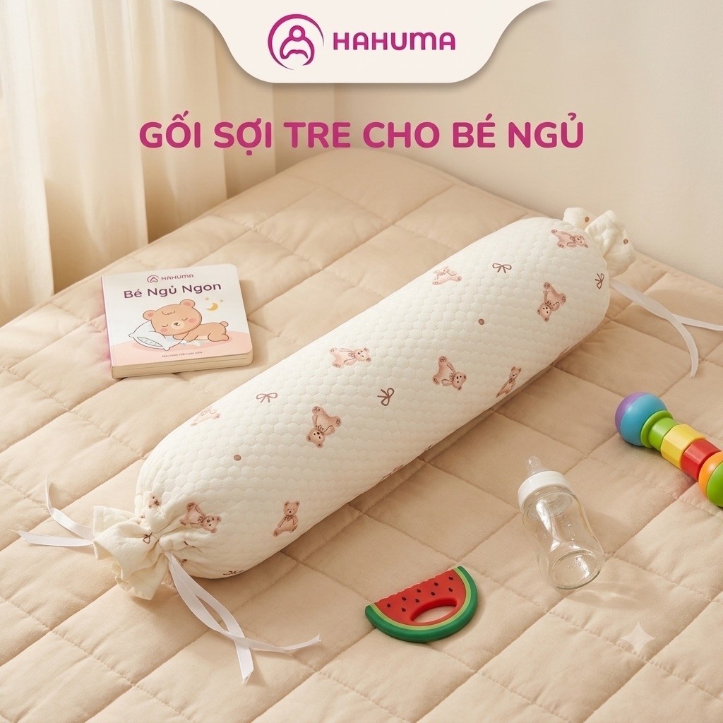 Gối Cho Bé HAHUMA Dài 50cm Trần Bông Hoạ Tiết Gấu