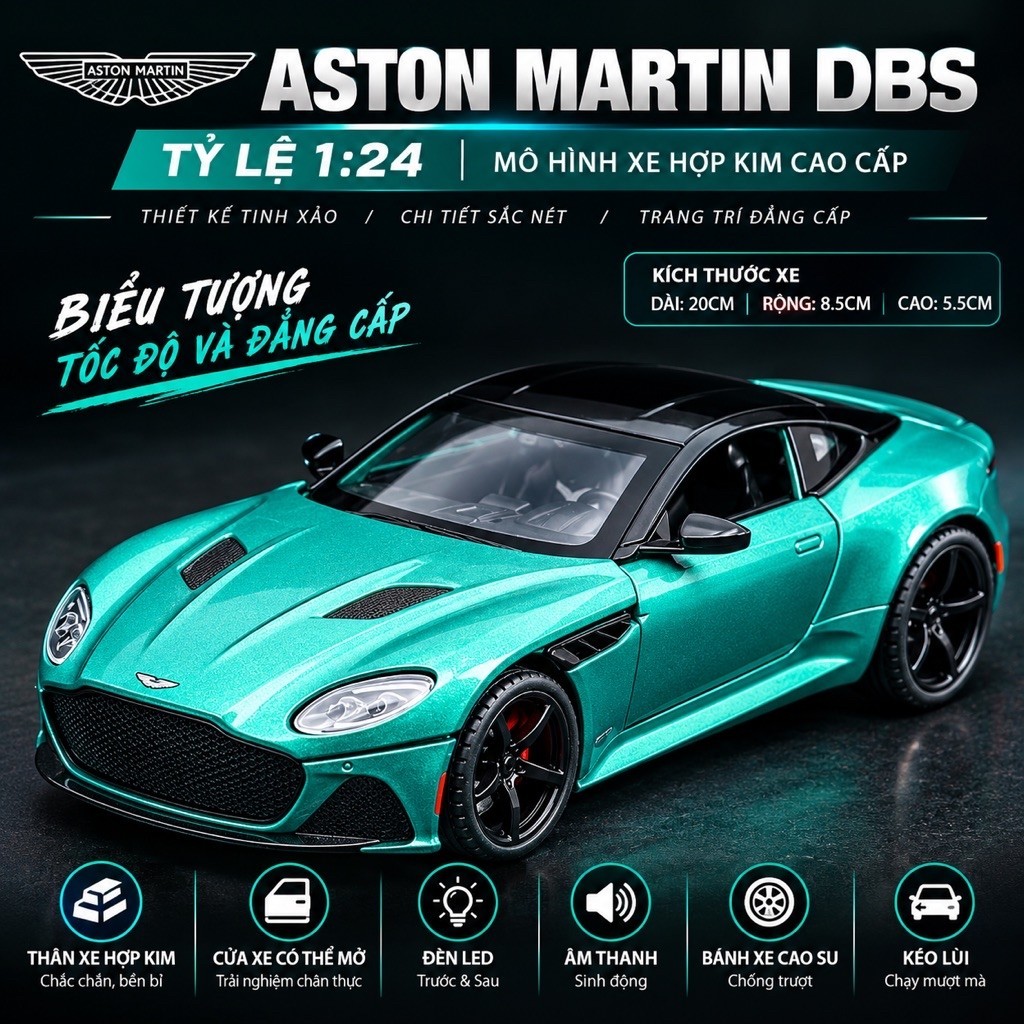 Mô Hình Xe Aston Martin DBS 1:24 – Xe Hợp Kim Diecast Mở Cửa, Mở Capo, Mở Cốp, Đèn LED, Âm Thanh, Ké