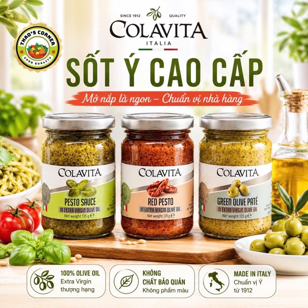 Sốt Ý Colavita 135g – Pesto Sauce, Red Pesto, Green Olive Pâté – Sốt Pasta Ý Dùng Với Mì, Bánh Mì, S