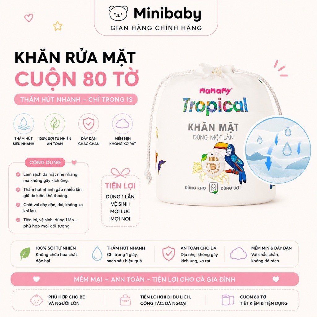 Khăn Vải Khô Đa Năng Mamamy Tropical 80 Tờ - Khăn Vải Cuộn Dùng 1 Lần Cho Bé
