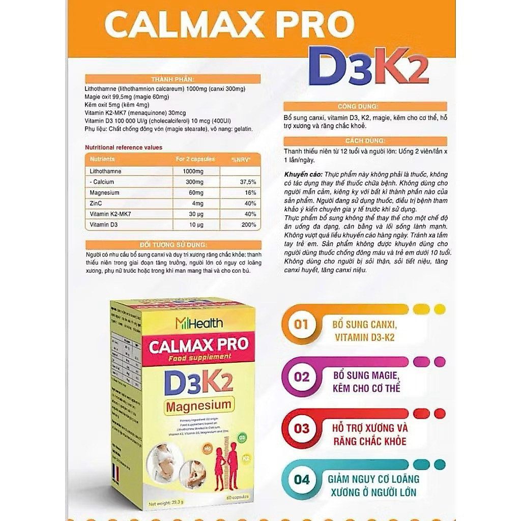 Viên uống Mhealth Calmaxpro D3K2 bổ sung canxi, vitamin  D3 K2 - Hỗ trợ xương răng chắc khoẻ