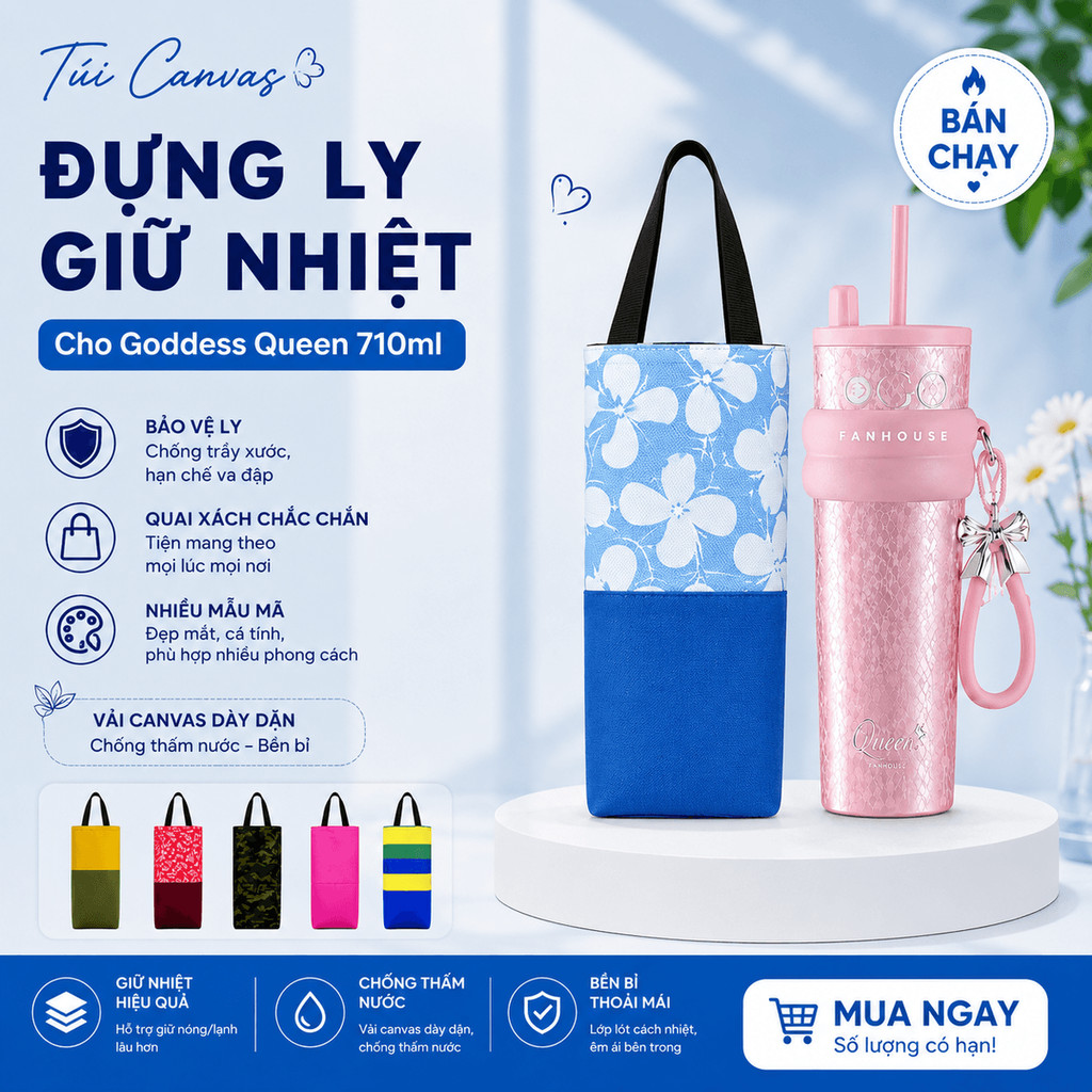 Túi Canvas Đựng Ly Giữ Nhiệt Goddess Queen 710ml FanHouse, cốc bình 24x8x9cm