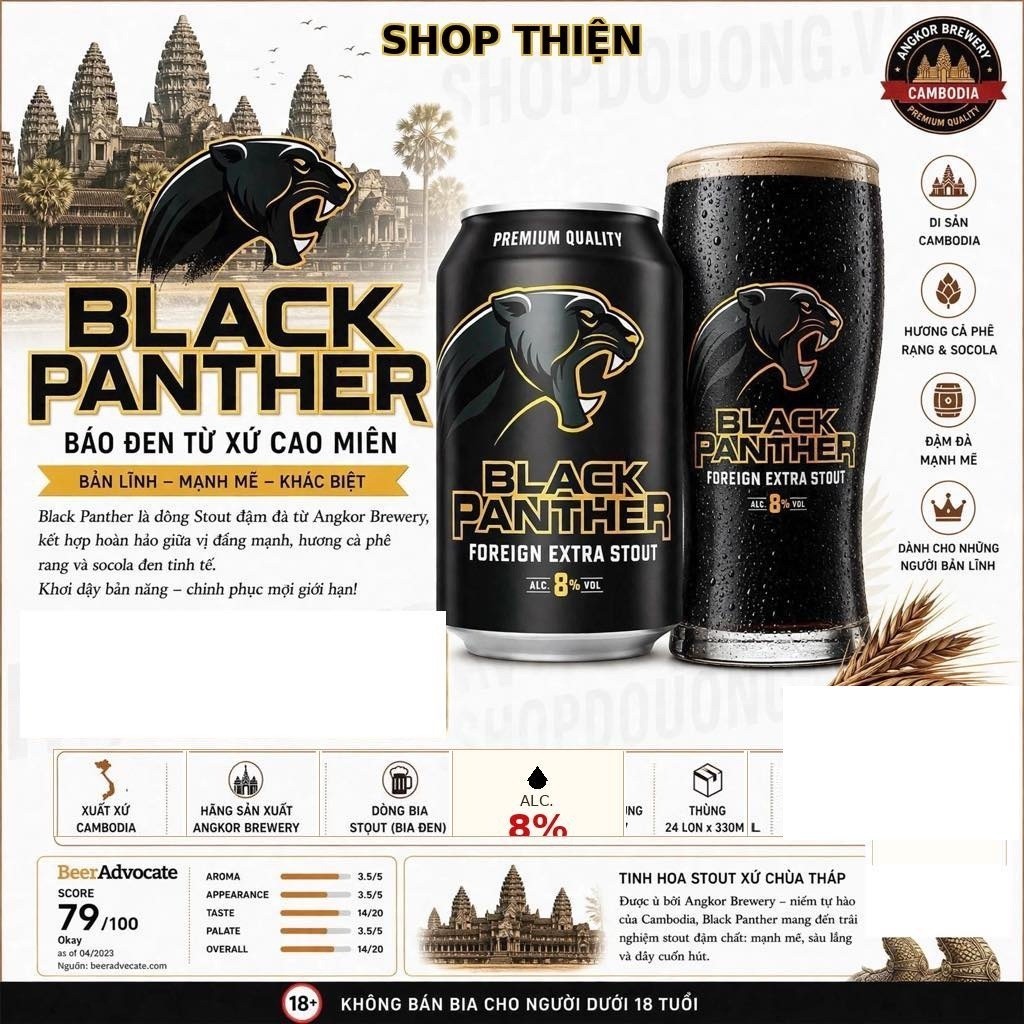 [Date 04.2027]Thùng 24 Lon Bia Đen Black Panther 8% Foreign Extra Stout - Bia Nhập Khẩu Cambodia Ang
