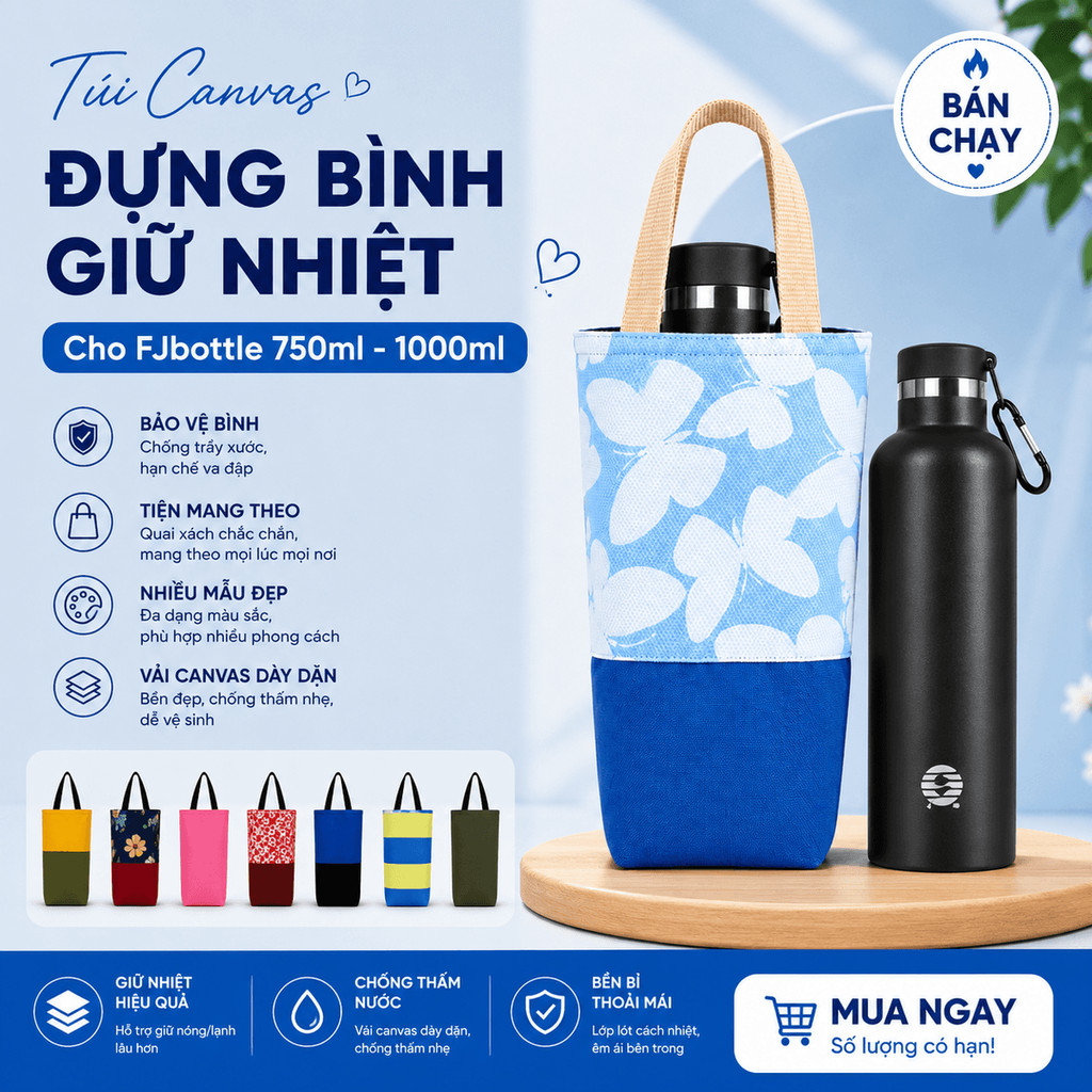 Túi Canvas Đựng Bình Giữ Nhiệt FJbottle 750ml–1000ml, Mun ly cốc