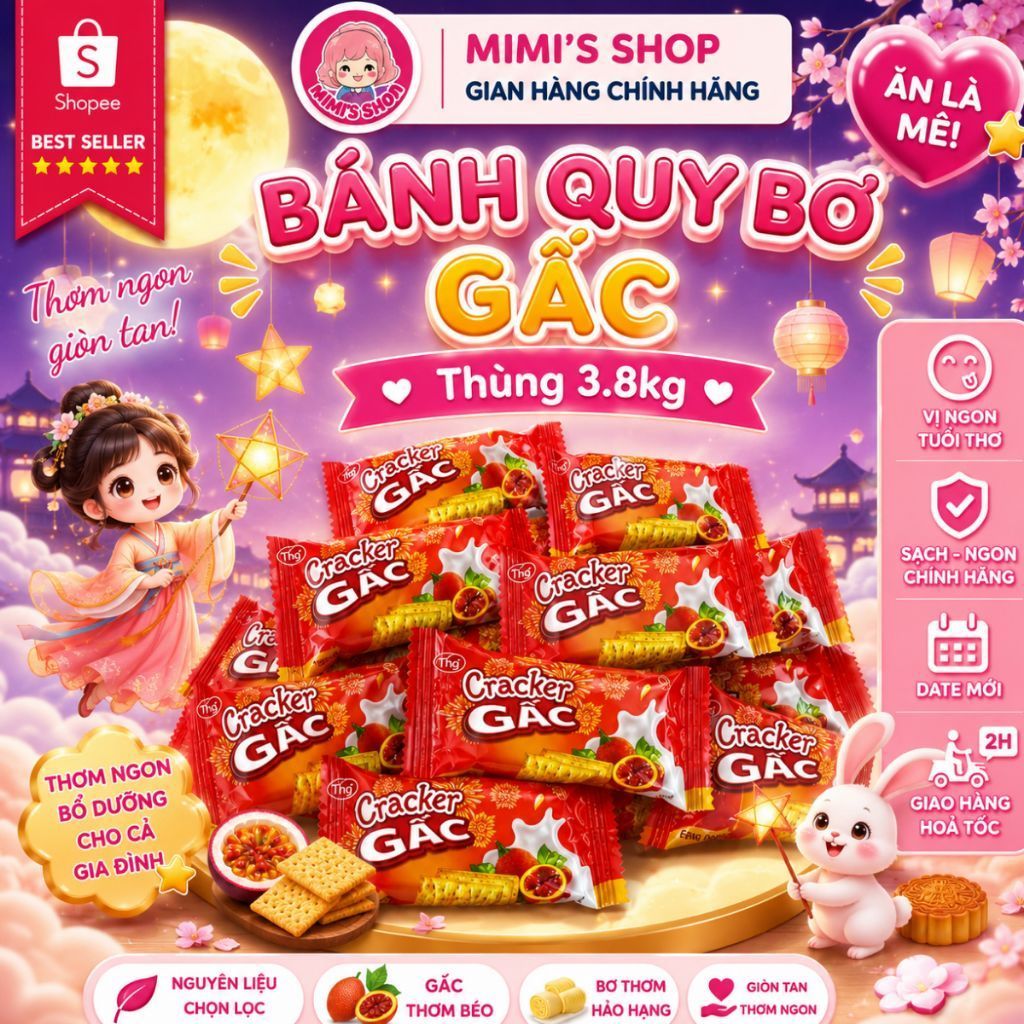 (Sỉ) Thùng Bánh Quy Bơ Gấc Mè T.H.G Thùng 3.8kg, Bánh Giòn Vị Mè Gấc Hấp Dẫn | Mimi's Shop