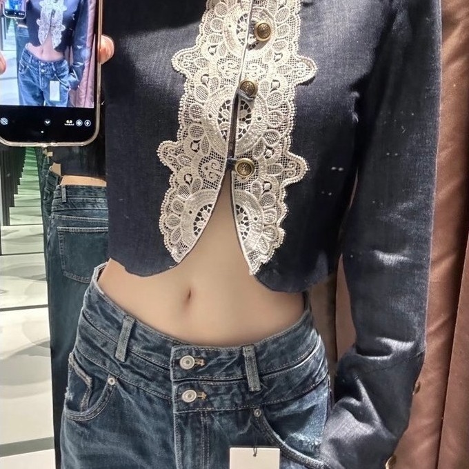 Áo khoác croprop phối ren phong cách Napoleon TABISHOP Áo kiểu nữ denim sang chảnh hottrend