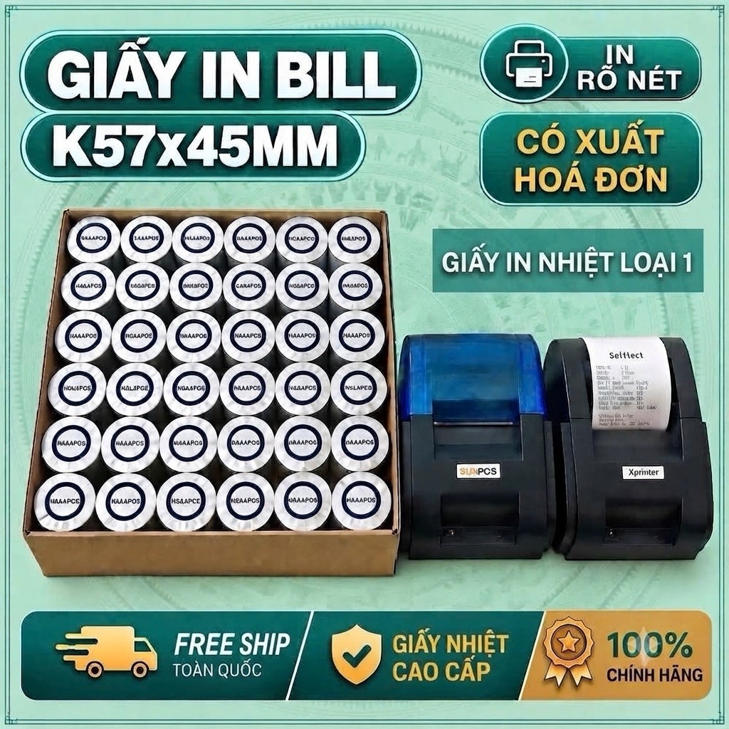 [THÙNG 100 CUỘN] Giấy in Hóa Đơn K57x45 in Bill K58 K58x45 K57*45 Giấy in nhiệt khổ K57 57mm 58mm K5