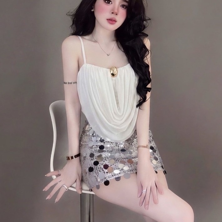 LA - Set thiết kế - Set áo lưới cổ đổ mix chân váy kim sa sang chảnh ,có quần bảo hộ,hình thật