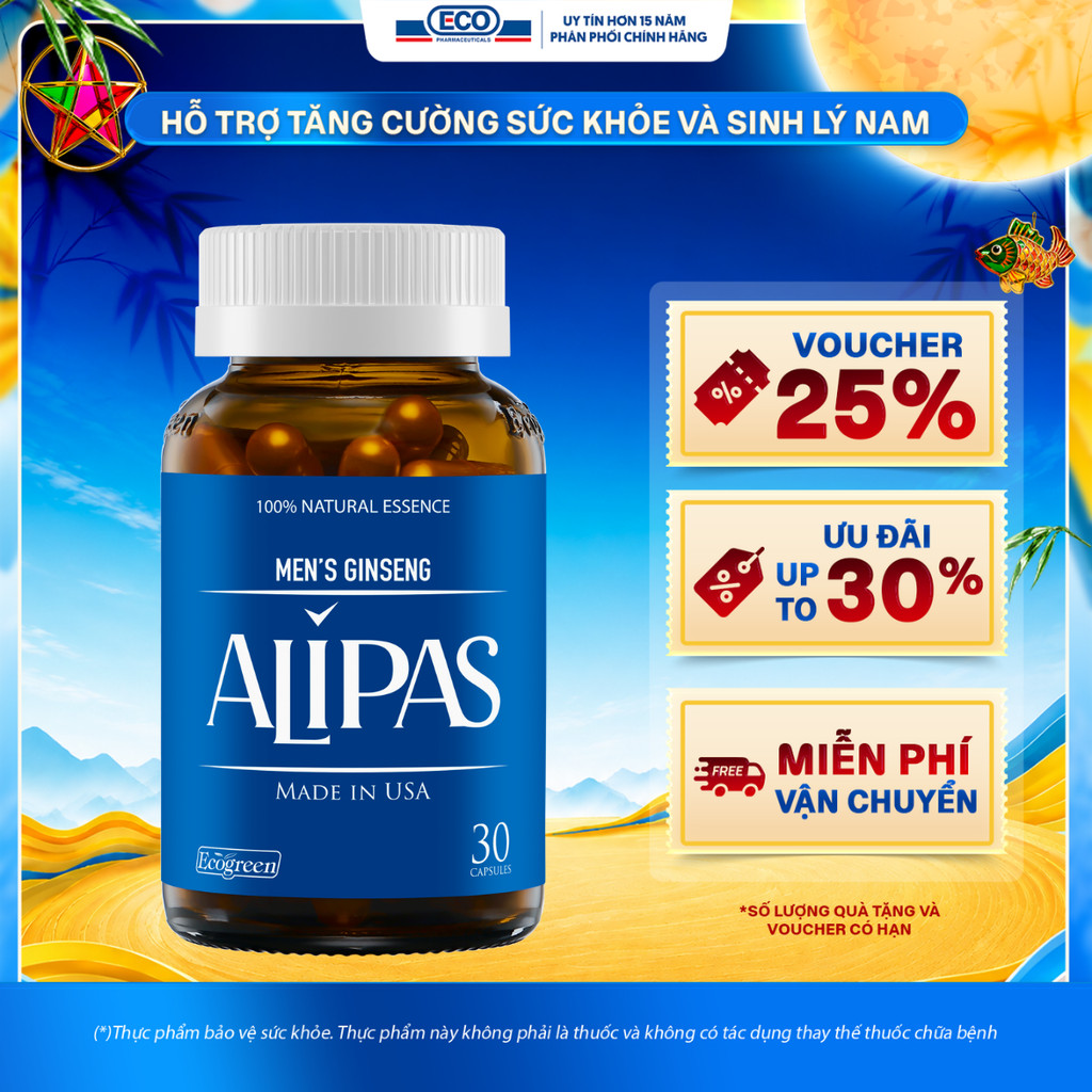 [Hộp 30v] Viên Uống Hỗ Trợ Sinh Lý Nam ALIPAS Ecogreen Tăng Cường Testosterone, Chứa Tinh Chất Hàu