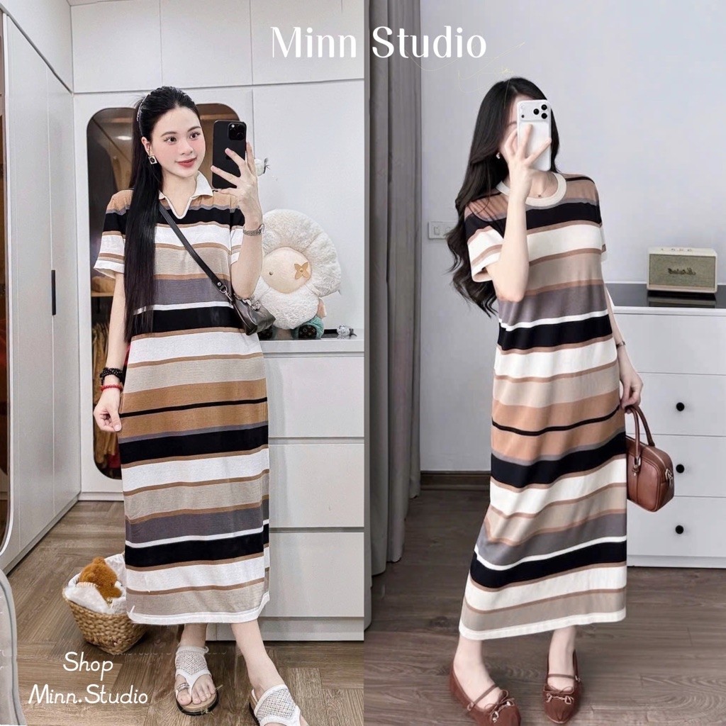 [Minn.Studio] Váy Len Màu Kẻ Dáng Suông. Chất Len Mềm, Co Dãn