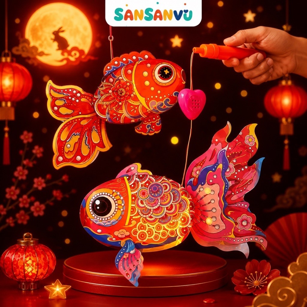 Đèn lồng trung thu kèm đèn LED, đèn lồng hình cá siêu xinh có phụ kiện đi kèm
