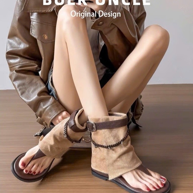 Sandal Xỏ Ngón Cao Cổ Phối Da Lộn Vintage - Giày Boot Xỏ Ngón Cao Cổ Phối Da Lộn