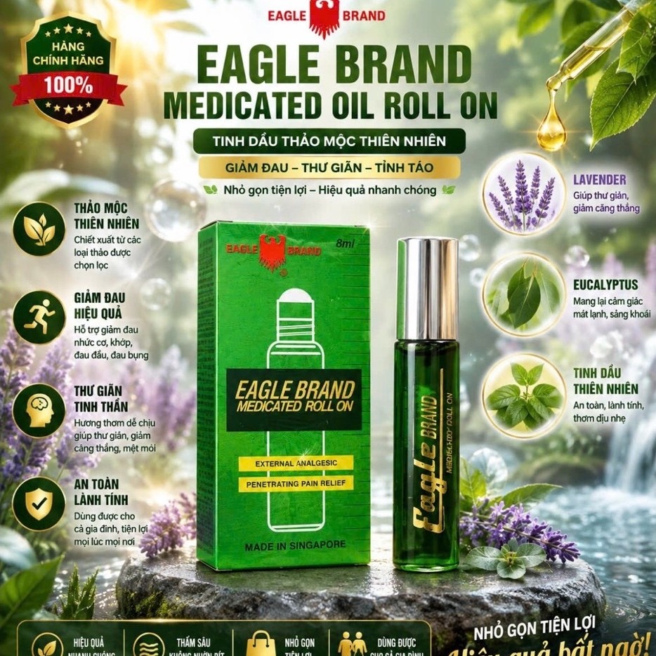 Chính hãng Mỹ - Dầu gió xanh dạng lăn Eagle Brand Medicated Oil Roll On Singapore (Chai 8ml)
