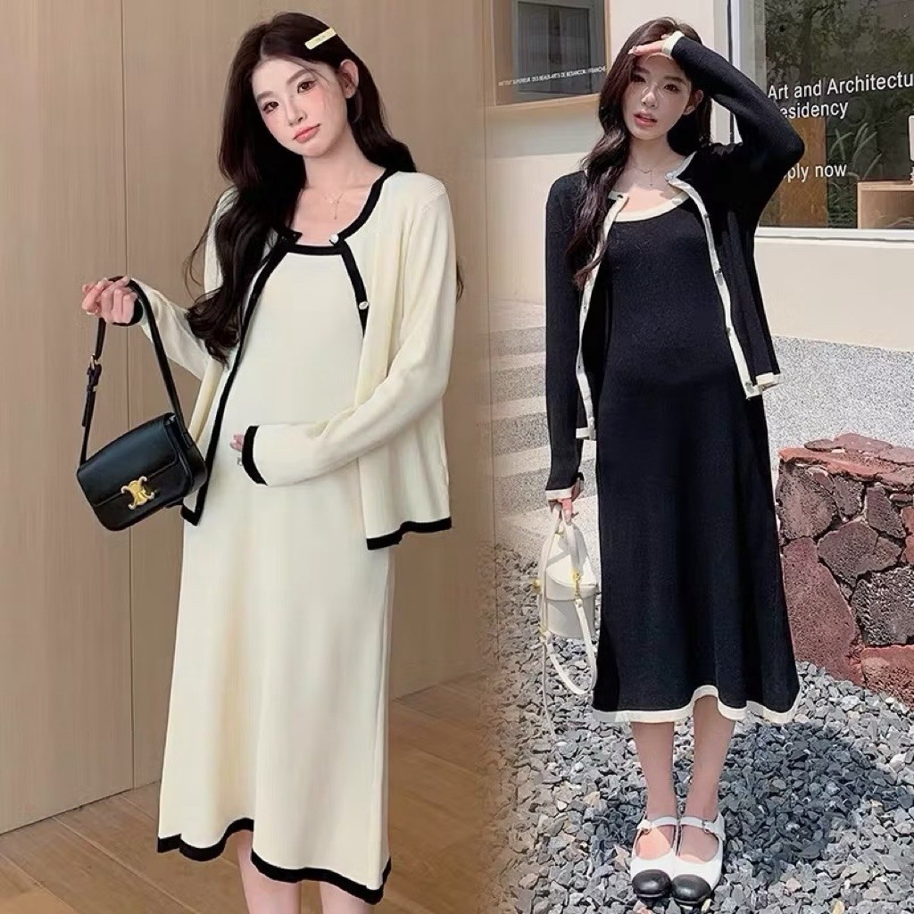 Váy bầu suông dài Aidenshop đầm bầu thu đông chất len thời trang