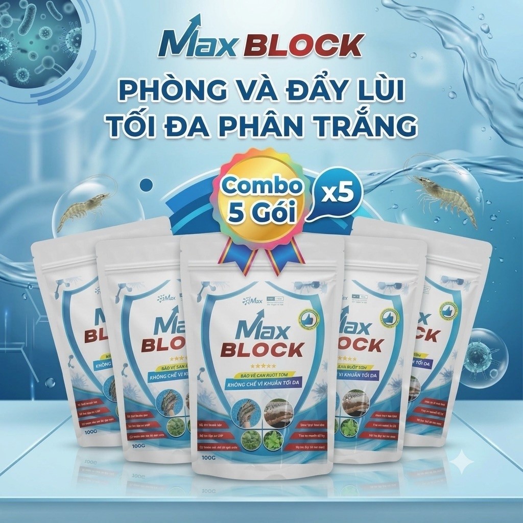 Combo 5 Gói Max Block ANTI EHP - Phòng Tôm chậm lớn ,bảo vệ Gan và Đường Ruột Tôm, đẩy lùi EHP tối đ