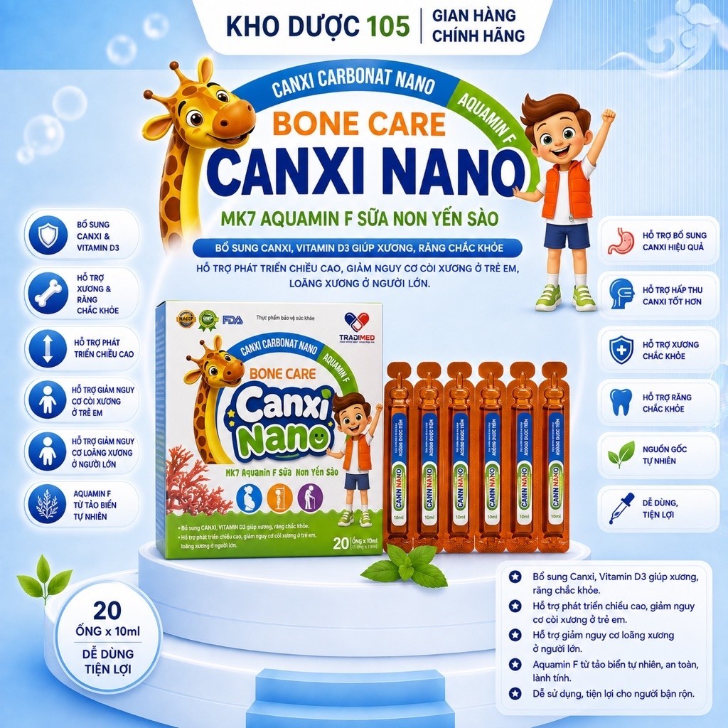 CALCI NANO sữa non yến sào hộp 20ống-bổ sung canxi, vitamin cần thiết giúp xương và răng chắc khoẻ, 