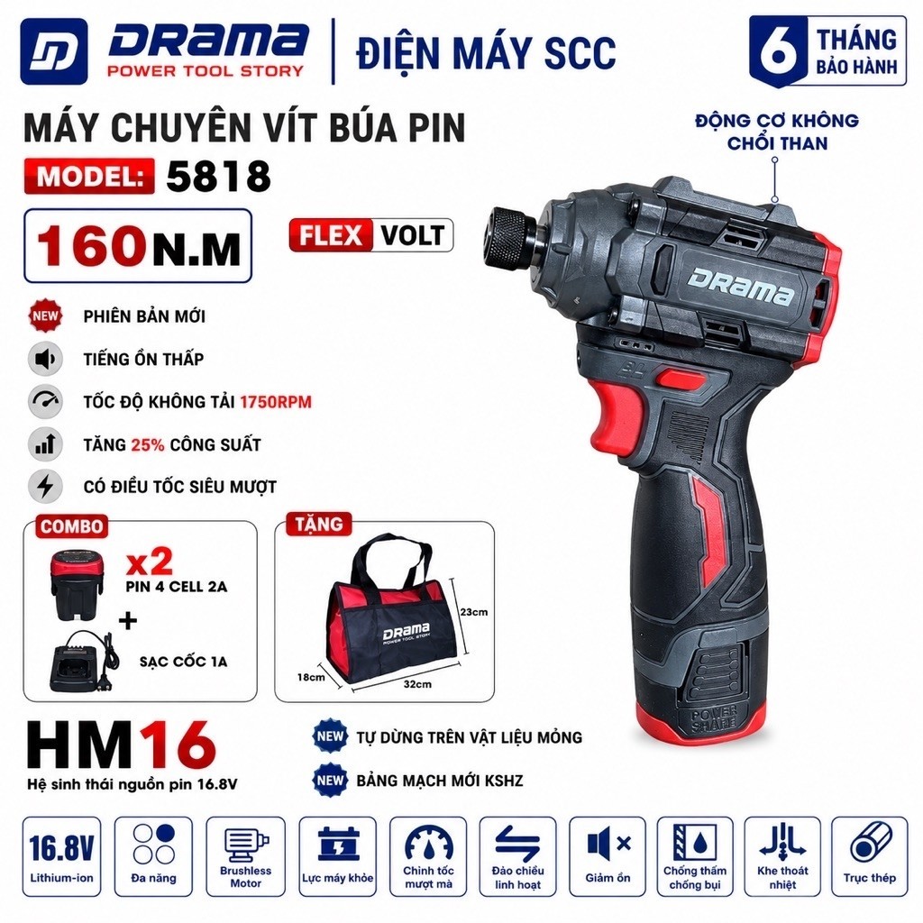 Máy chuyên vít búa pin DRAMA 5818, Lực siết 160Nm, Không Chổi Than, 3 cấp chỉnh lực, 2pin 16V