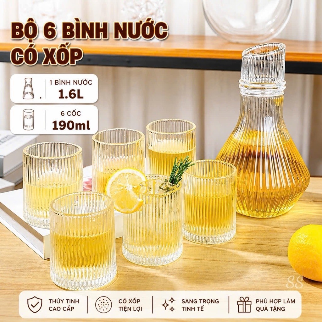 Bộ Bình Nước Thuỷ Tinh 6 Món Dung Tích 1600 ML, Bộ Bình Kèm Cốc Thuỷ Tinh Vân Sọc Sang Trọng