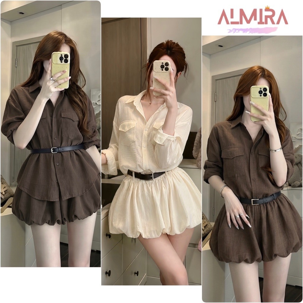 (Tặng Kèm Đai) Sét Đồ Rời Sơ Mi Đũi Và Quần Bí Phồng Chất Đũi Vân Mây Almira Store
