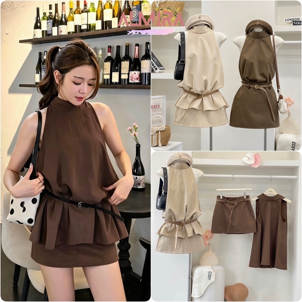 (Tặng Kèm Đai) Sét Váy Kaki Áo Yếm Gile + Chân Váy Chữ A Thắt Đai Eo Xinh Xắn Almira Store
