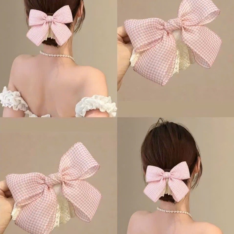 KẸP TÓC NƠ CARO HỒNG PHỐI REN – SIÊU XINH Nơ caro hồng pastel phối viền ren kem