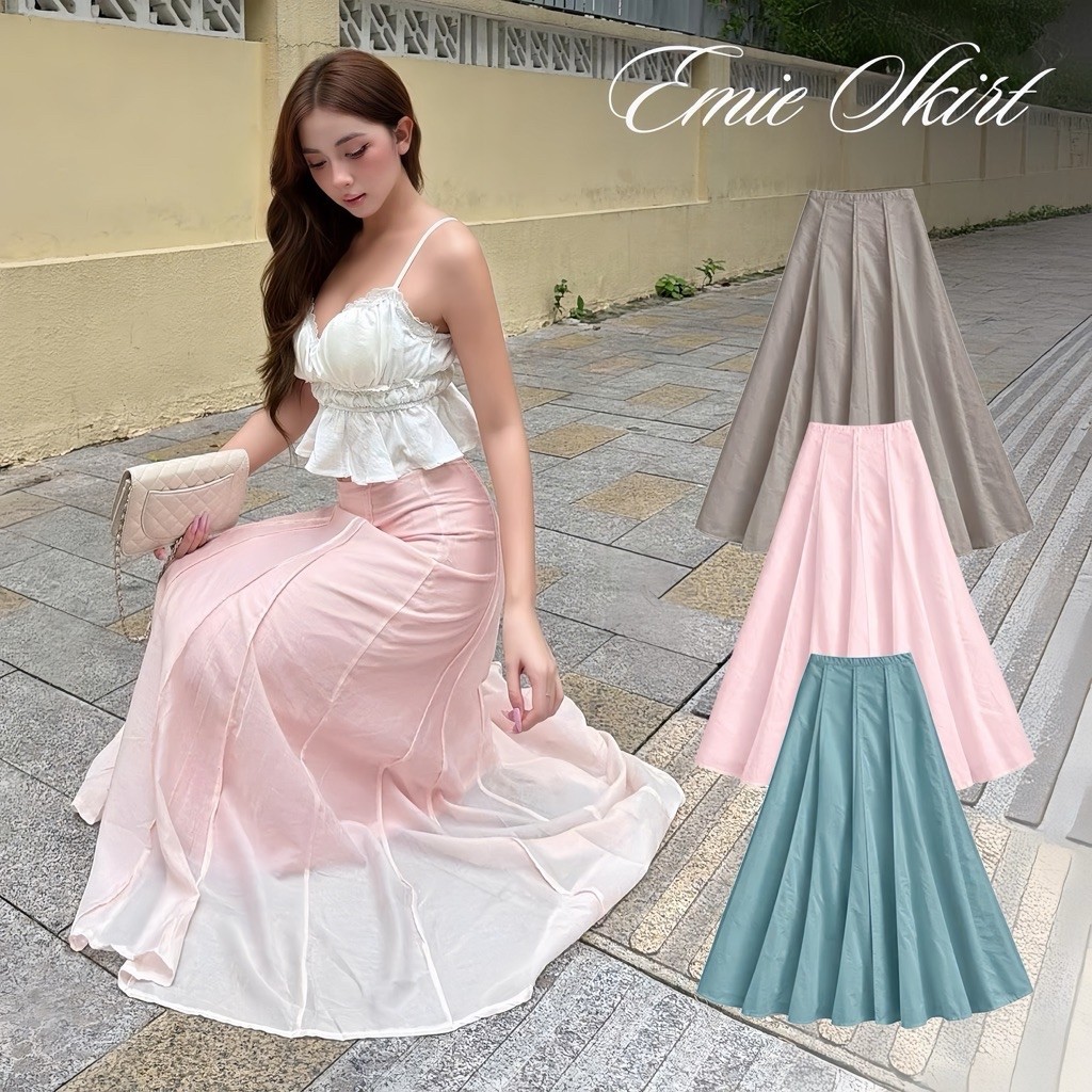 𝐄𝐦𝐢𝐞 𝐬𝐤𝐢𝐫𝐭 (May full 3 lớp) - Chân váy tơ linen chít li dáng dài maxi xòe tùng to siêu xinh