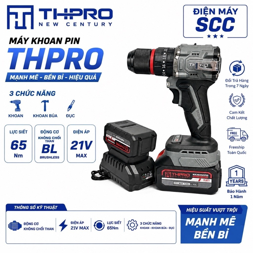 Máy Khoan Pin THPRO TH7713AK, 3 Chức Năng, Đầu 13ly Autolock, Động Cơ Không Chổi Than, Chân Pin Phổ 
