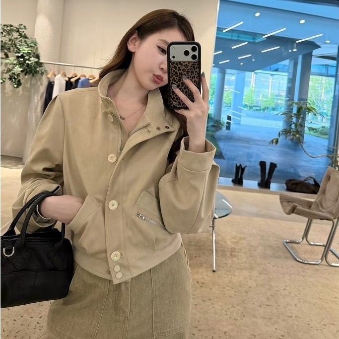 AK25 áo khoác da lộn OIOI ESSE dáng ngắn cao cấp có túi phong cách thoải mái dành cho nữ