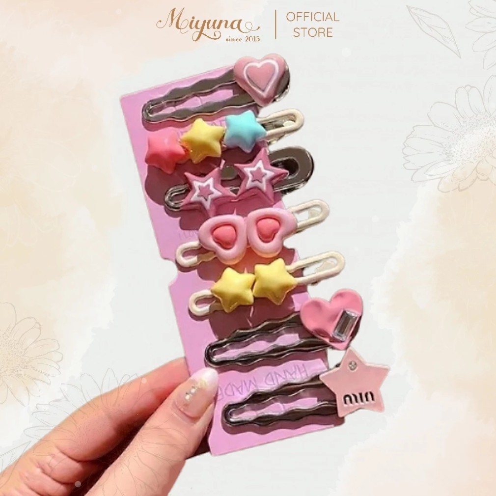 fs Set 7 Kẹp Tóc MIYUNA Màu Hồng Kẹo Chữ Min Siêu Xinh