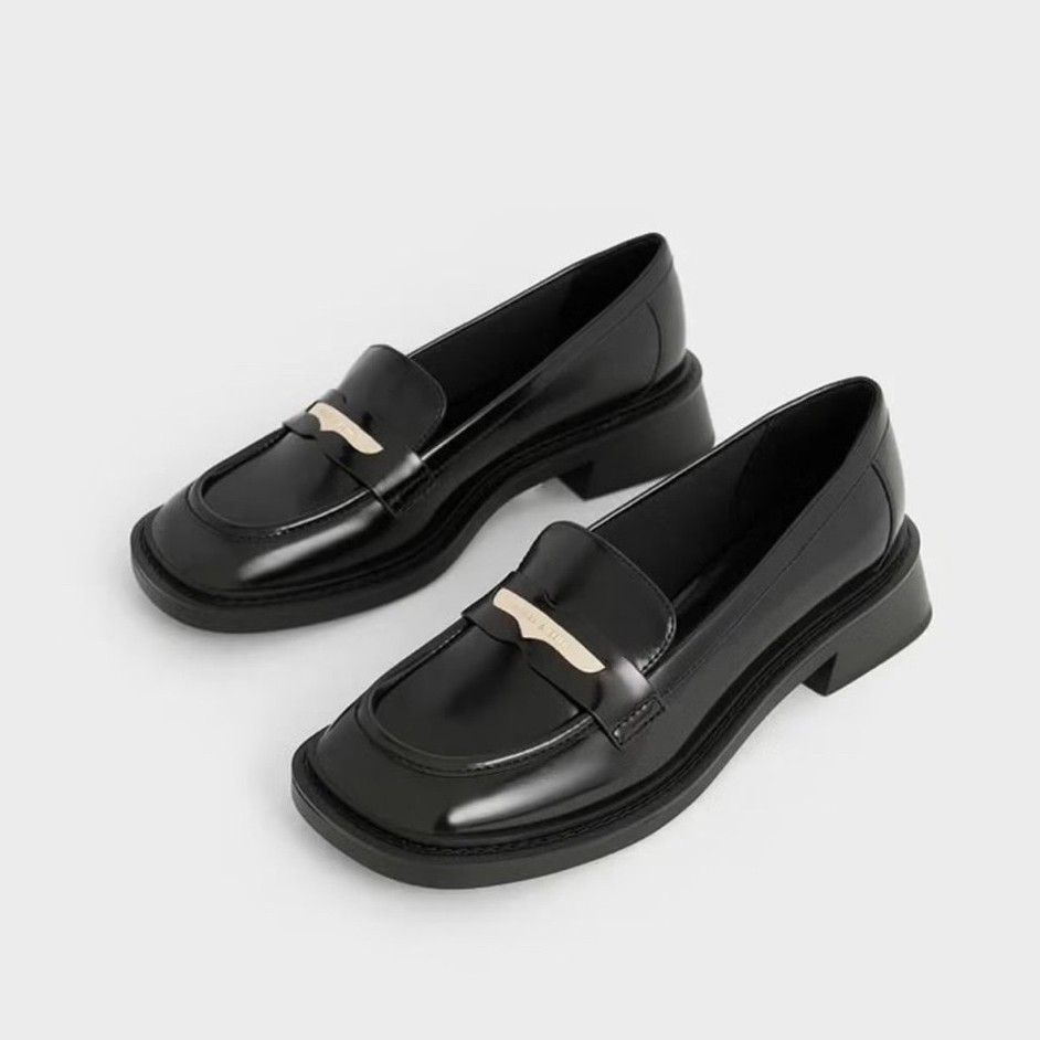 Giày Charles & Keith Authentic - Black Metallic Penny Loafers