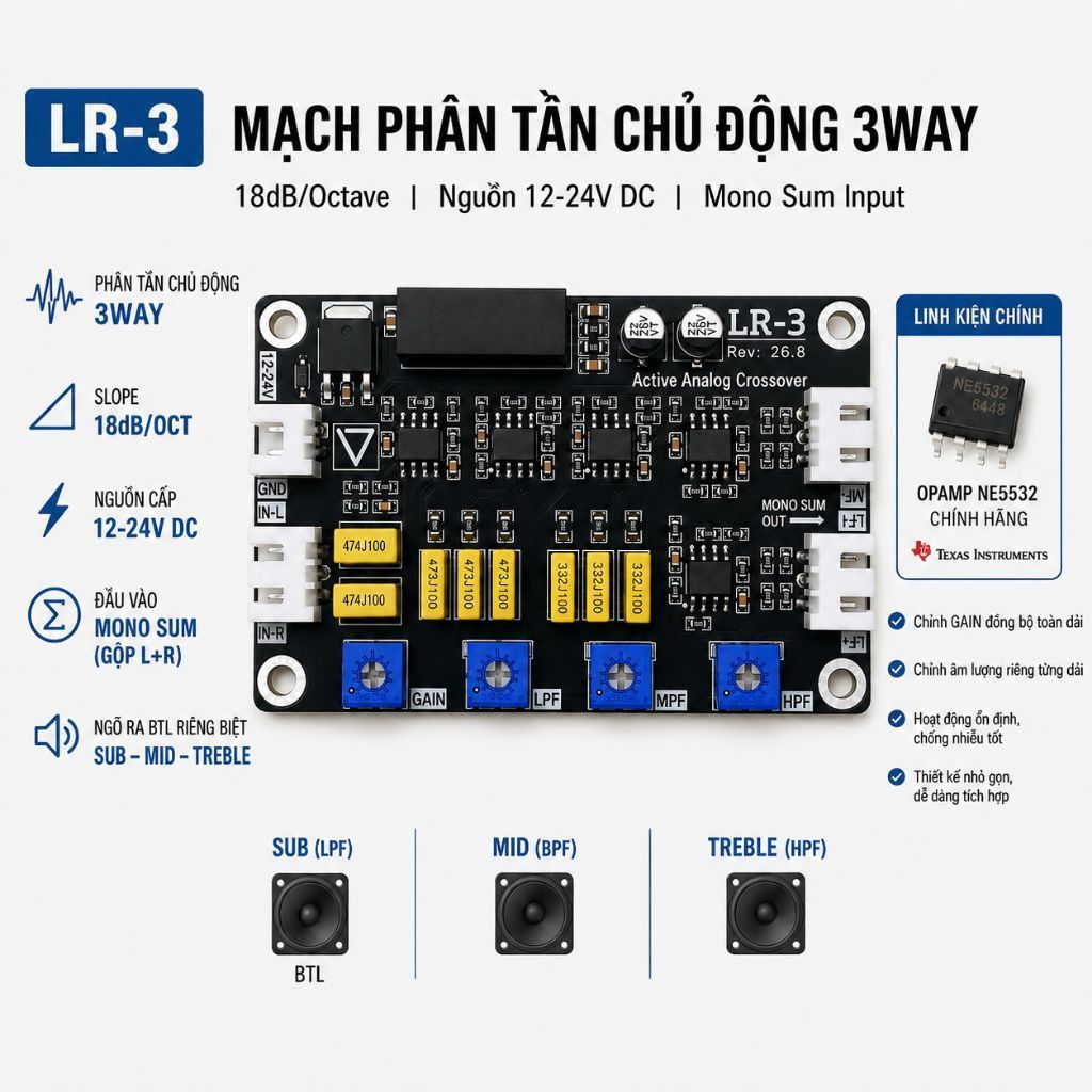 Phân tần chủ động (Active) 18dB/Oct tích hợp nguồn